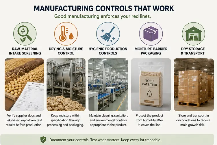 Manufacturing controls for mold and mycotoxin risk in plant-based cat litter