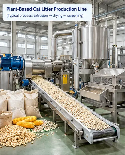 Industrial production line processing plant-based cat litter through extrusion, drying and screening
