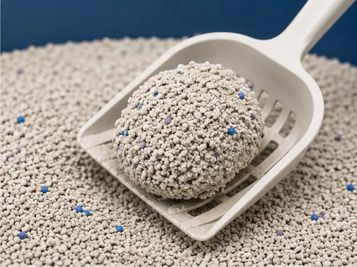 Strong clumping sodium bentonite cat litter forming compact clumps after absorbing liquid.