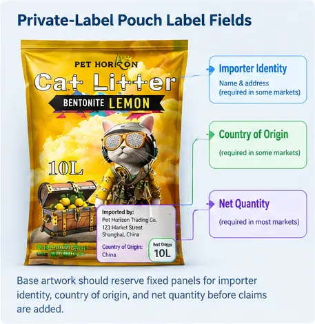 Private-label cat litter packaging with example areas for importer identity, country of origin, and net quantity