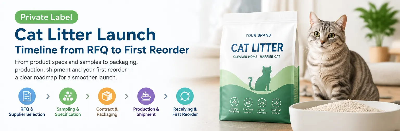 Cronograma de lanzamiento de arena para gatos de marca propia, desde la solicitud de cotización hasta el primer reabastecimiento