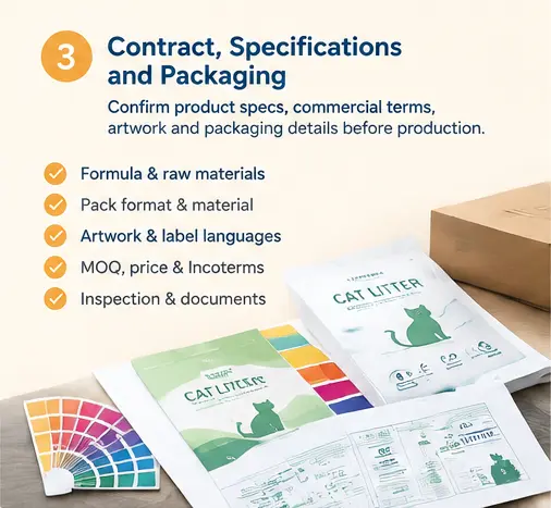 Private label cat litter packaging proofs and product specifications reviewed before production
