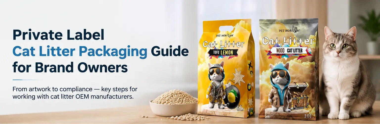 Private label cat litter packaging guide showing custom printed bags for OEM brands