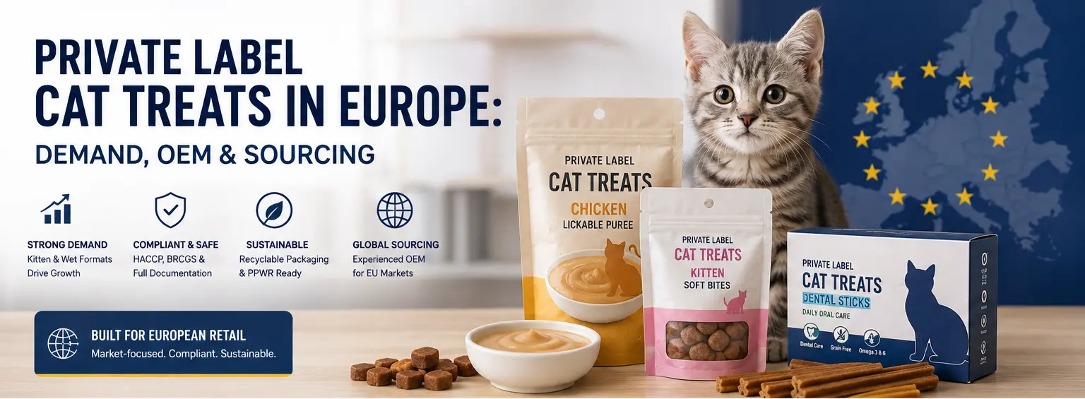 Private label cat treats in Europe for OEM sourcing and private-label programs