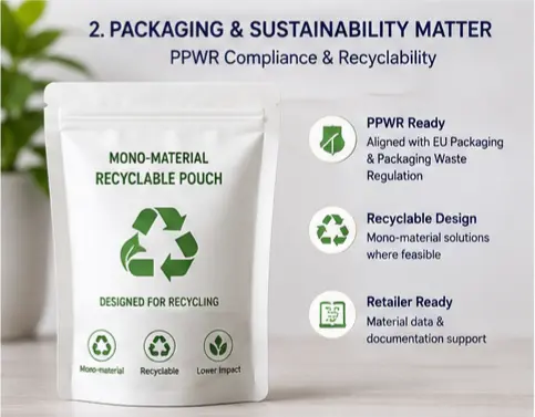 Recyclable mono-material cat treat pouch for European private-label packaging