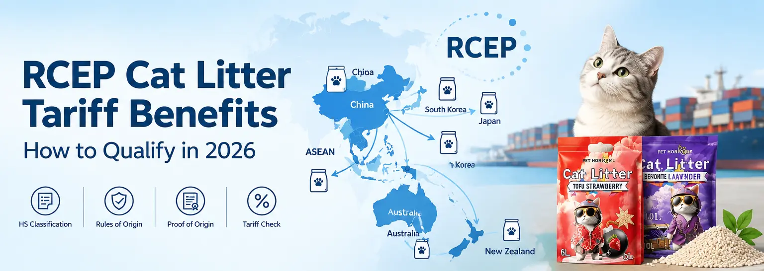 RCEP cat litter tariff guide with trade routes and cat litter packaging