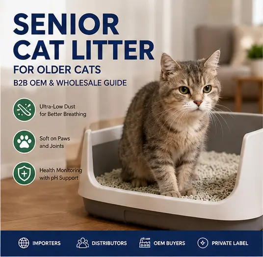 Senior cat stepping into a low-entry litter box filled with soft, ultra-low-dust clumping litter for older cats