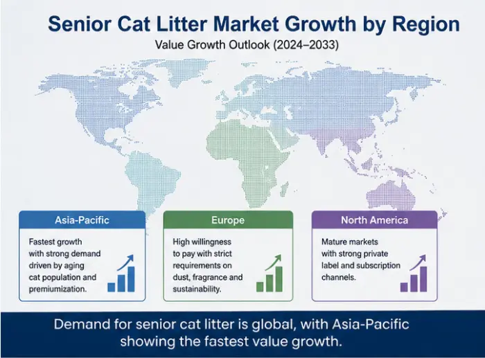 Bar chart showing senior cat litter market growth across Asia-Pacific, Europe, and North America