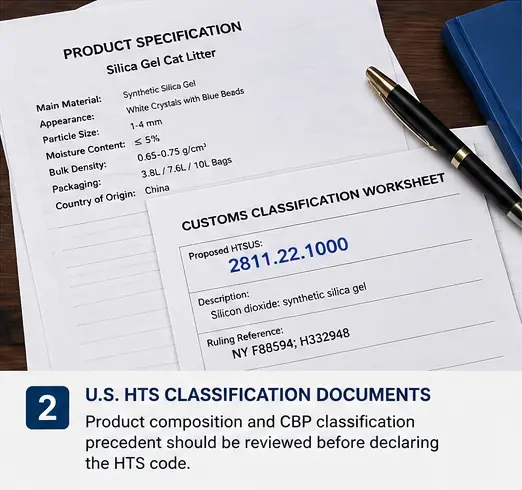 U.S. HTS classification documents for silica gel cat litter