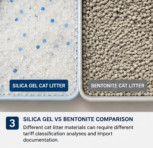 Silica gel and bentonite cat litter compared for import classification