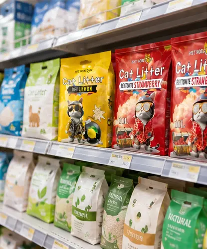 Cat litter products displayed on retail shelves in South Korea