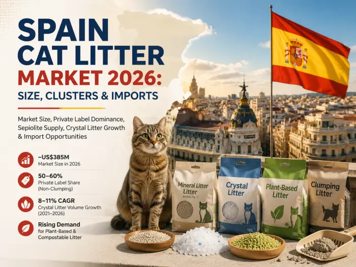 Spain cat litter market 2026 overview showing cat litter segments, private label opportunities, sepiolite supply, and import trends