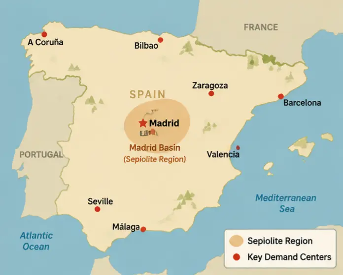 Map of Spain highlighting cat litter demand centers and sepiolite region
