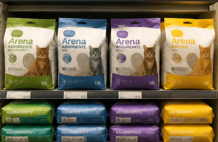 Retail private-label cat litter shelf in Spain