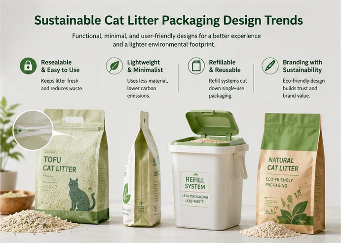 Resealable, lightweight, and refillable sustainable cat litter packaging designed to reduce waste and improve convenience