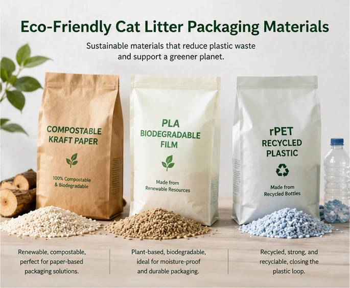 Comparison of compostable kraft paper, PLA biodegradable plastic, and rPET recycled plastic for sustainable cat litter packaging