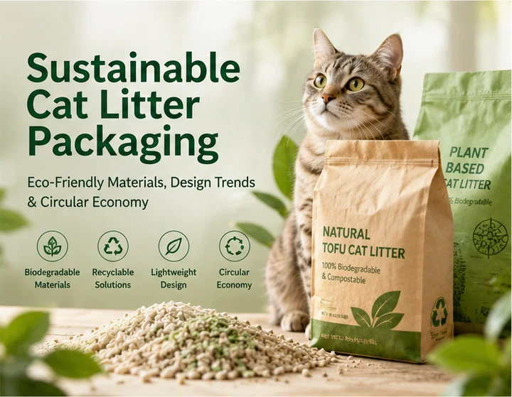 Sustainable cat litter packaging made from compostable kraft paper and biodegradable materials for eco-friendly pet products