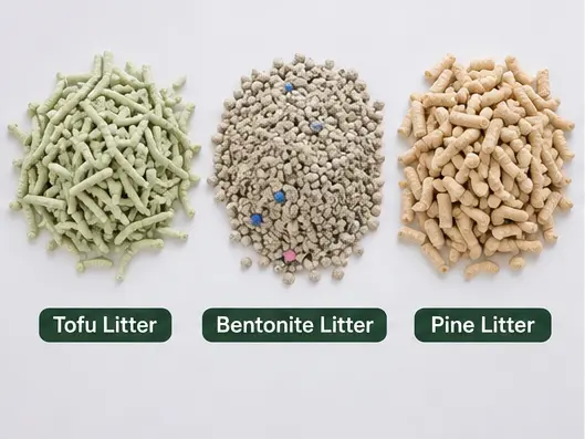 Tofu bentonite and pine cat litter granules shown side by side for comparison