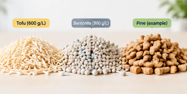 Tofu bentonite and pine cat litter bulk density examples