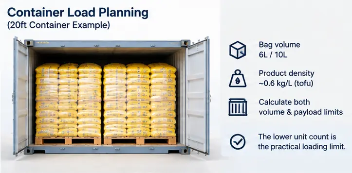 Tofu cat litter container load planning based on density and bag volume