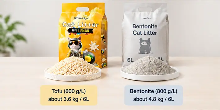Tofu and bentonite cat litter compared by density and weight per 6L