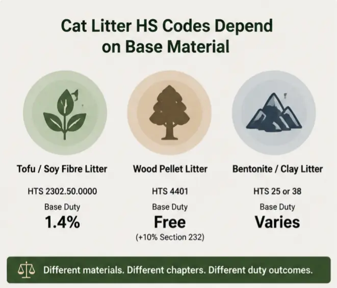 Decision matrix showing cat litter base materials, HTS classification and duty exposure