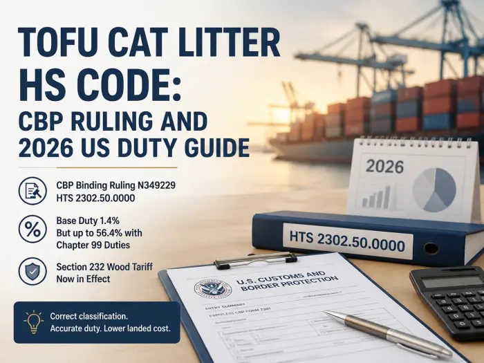 Tofu cat litter HS code guide showing CBP ruling N349229, HTS 2302.50.0000 and US import duty classification