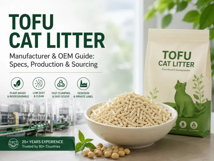 Tofu cat litter manufacturer showcasing plant-based cat litter pellets, OEM packaging, and factory production for wholesale buyers