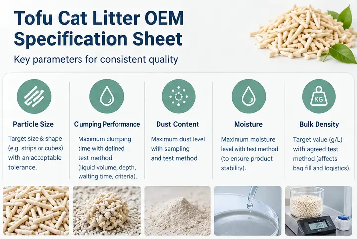 Tofu cat litter OEM specification sheet covering particle size, clumping, dust, moisture, and bulk density
