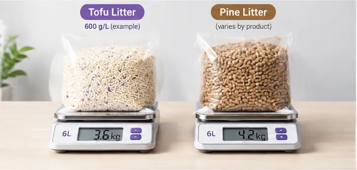Tofu and pine cat litter bulk density and bag weight comparison
