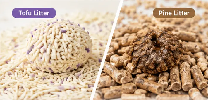 Tofu cat litter clump compared with pine pellet absorption