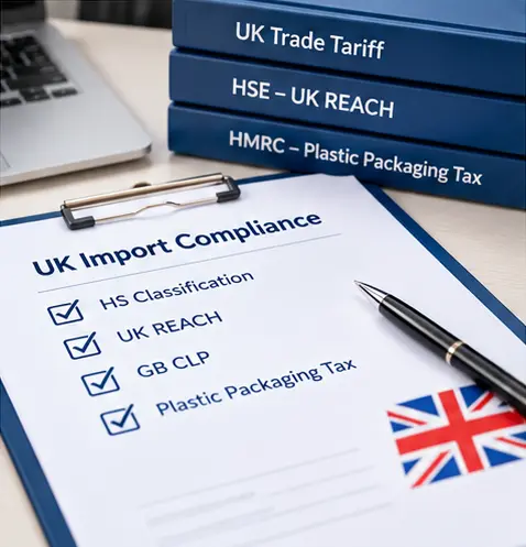 UK import compliance checklist covering tariff classification, UK REACH, GB CLP, and Plastic Packaging Tax