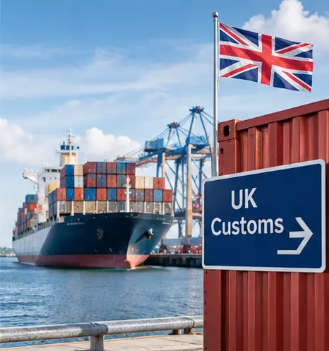 Container ship and cargo containers at a UK port representing cat litter import logistics and customs clearance