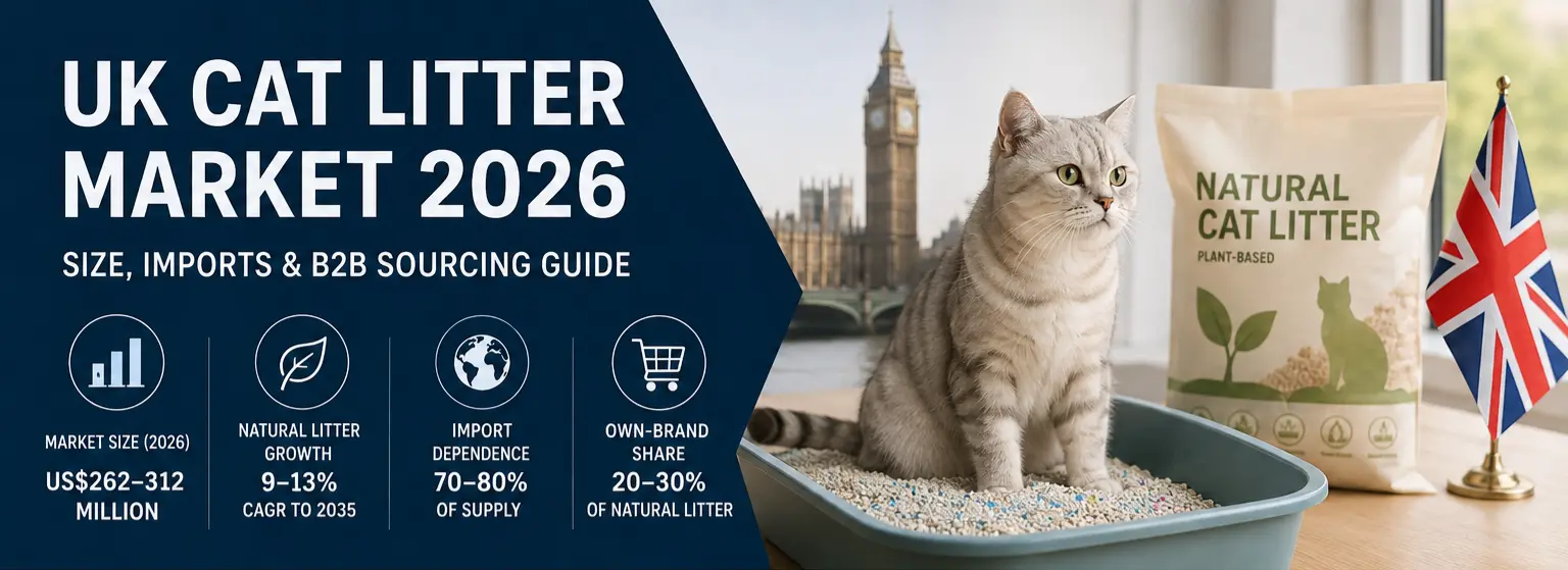 UK cat litter market 2026 overview showing market size, import dependence, natural litter growth and B2B sourcing