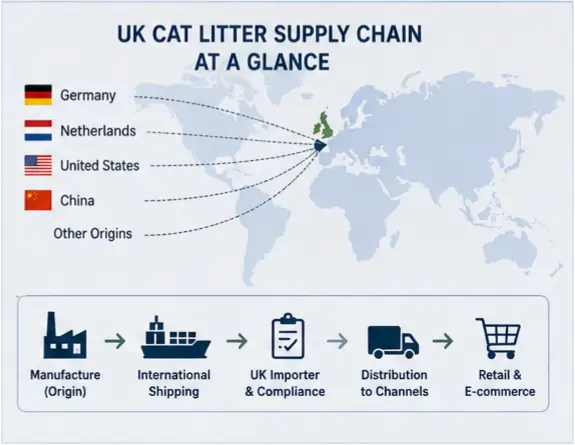 UK cat litter import origins and supply chain showing Germany, the Netherlands and the United States as principal origins
