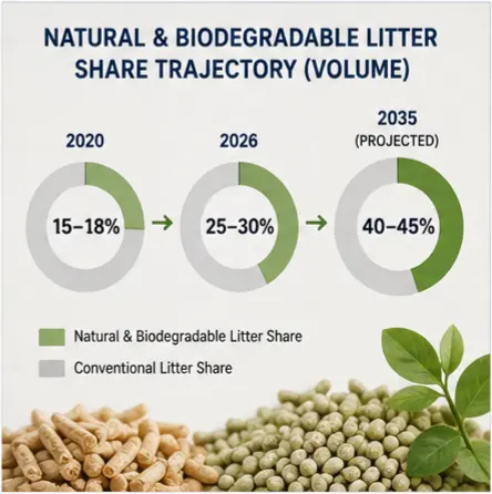 Projected growth in the share of natural and biodegradable cat litter in UK retail volume from 2020 to 2035