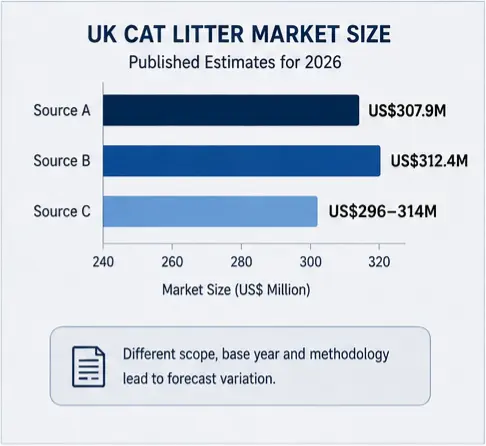 UK cat litter market size estimates for 2026 showing a US$262–312 million planning range