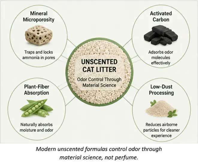 Unscented cat litter formulation using mineral structure and activated carbon