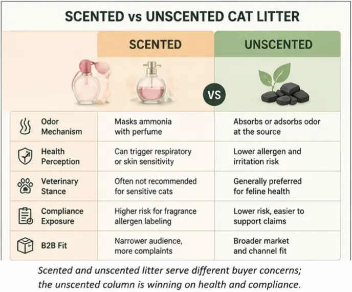 Comparison table of scented versus unscented cat litter for B2B buyers