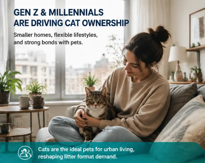 Illustration of a young apartment dweller with a cat representing Gen Z pet ownership