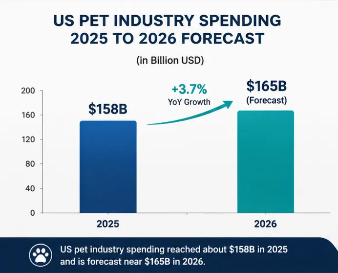 Bar chart of US pet industry spending rising from 2025 to 2026 forecast