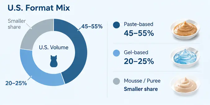 U.S. lickable cat treat format mix showing paste-based and gel-based products