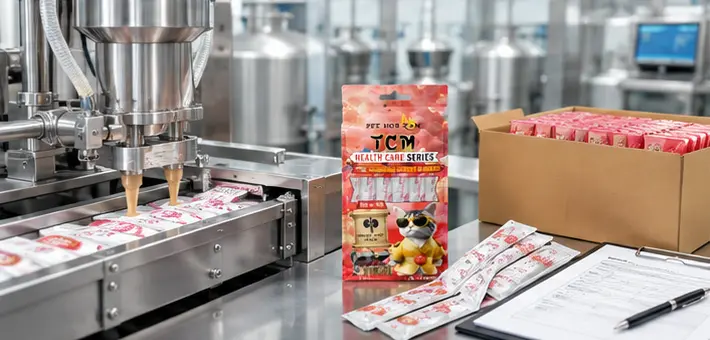 Lickable cat treat OEM production line with sachet packaging and quality control