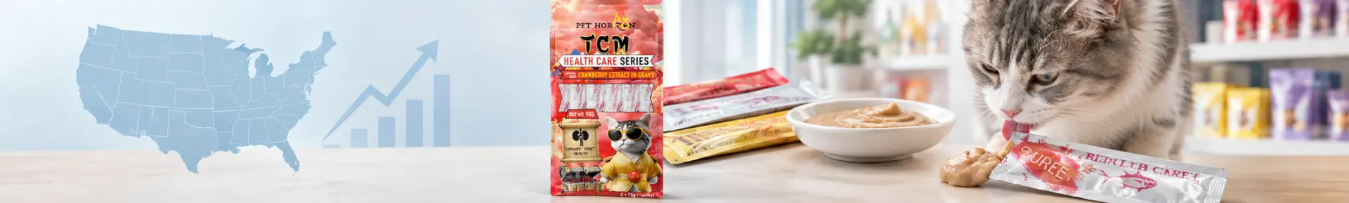 US lickable cat treats market with cat treats, U.S. market growth and product packaging