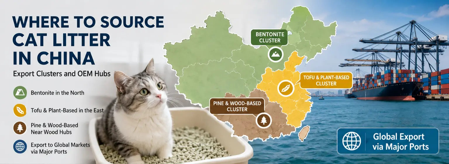 Map of China cat litter sourcing clusters for bentonite, tofu, pine, and mixed litter