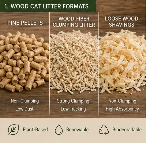 Wood Cat Litter Format Comparison Commercial wood cat litter formats including pine pellets and wood-fiber clumping litter