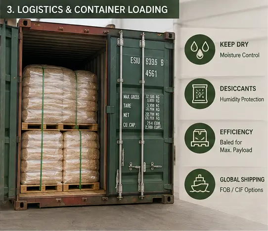 Wood Shavings Container Loading and Incoterms Wood cat litter container loading, moisture control and Incoterm planning